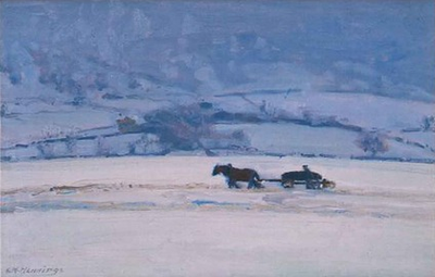 Winter Snow Scene with Horse and Wagon